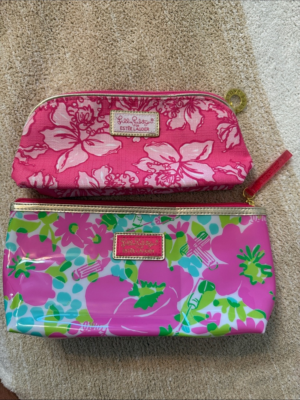 Lilly Pulitzer Pink Floral Zip Cosmetic Pouches with Gold Trim (2)